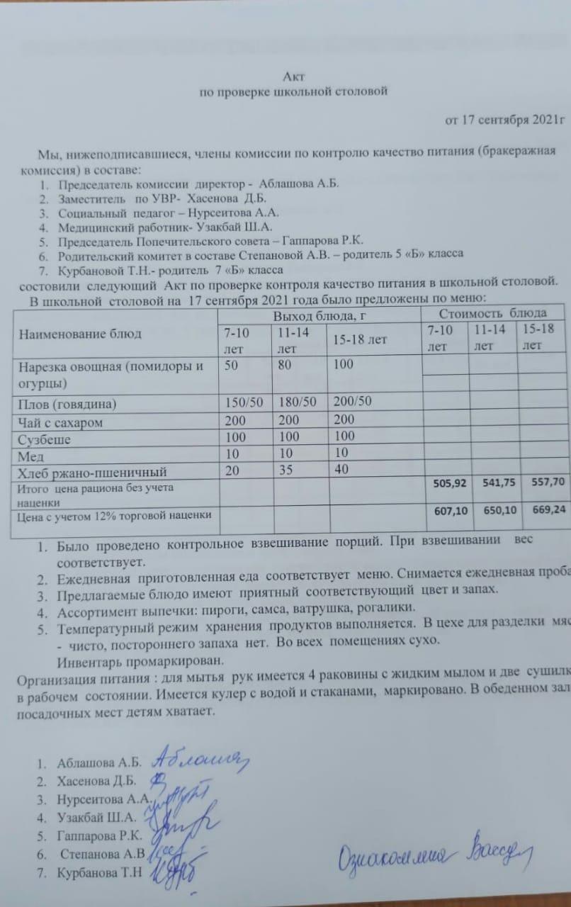 мектеп асханасын тексеру актісі 17.09.2021 ж