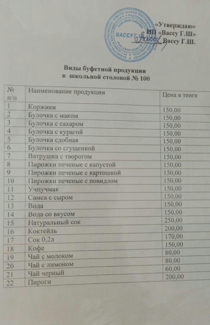 No100 КММ мектеп асханасында буфет өнімдерінің түрлері