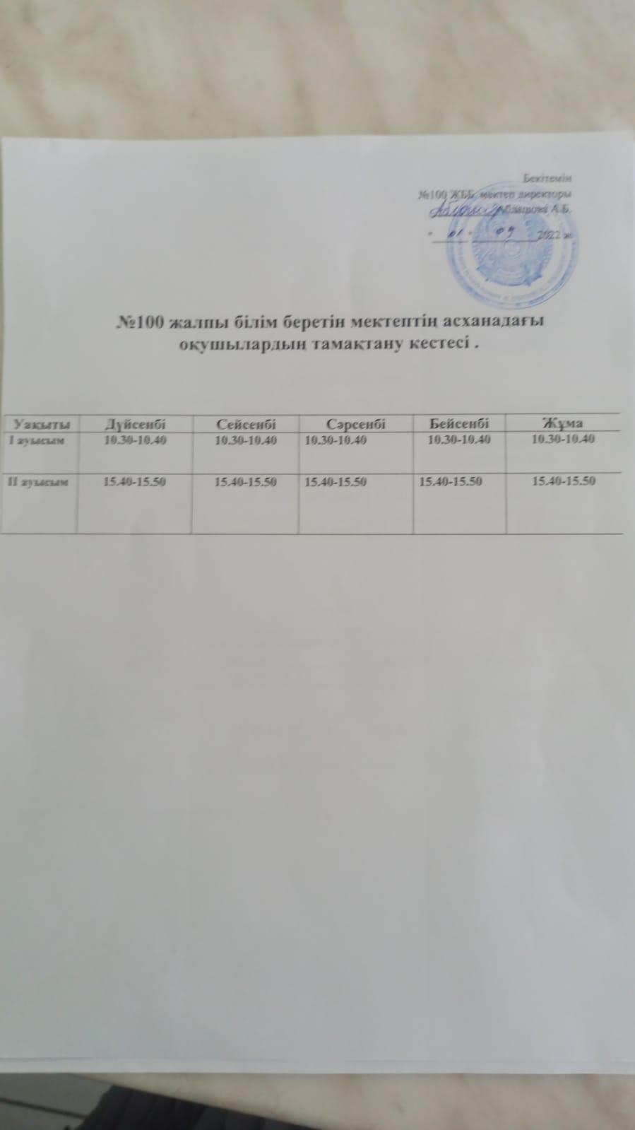 100 жалпы білім беретін мектептін асханадағы окушылардын тамақтану кестесі