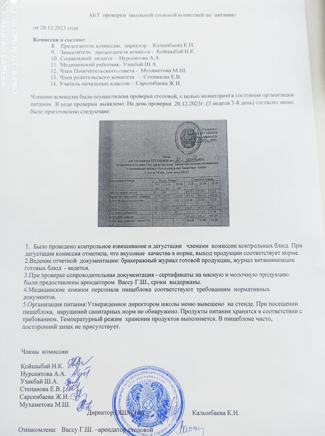 Мониторингтік комиссия мен ата-аналардың мектеп асханасын тексеру