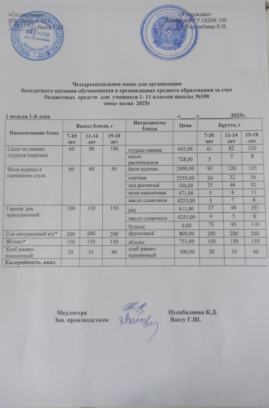 Ас мәзірі 1апта 1-ші күн