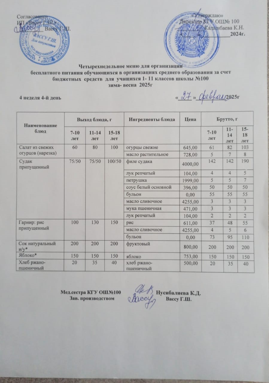 Ас мәзірі 4 апта 4-ші күн