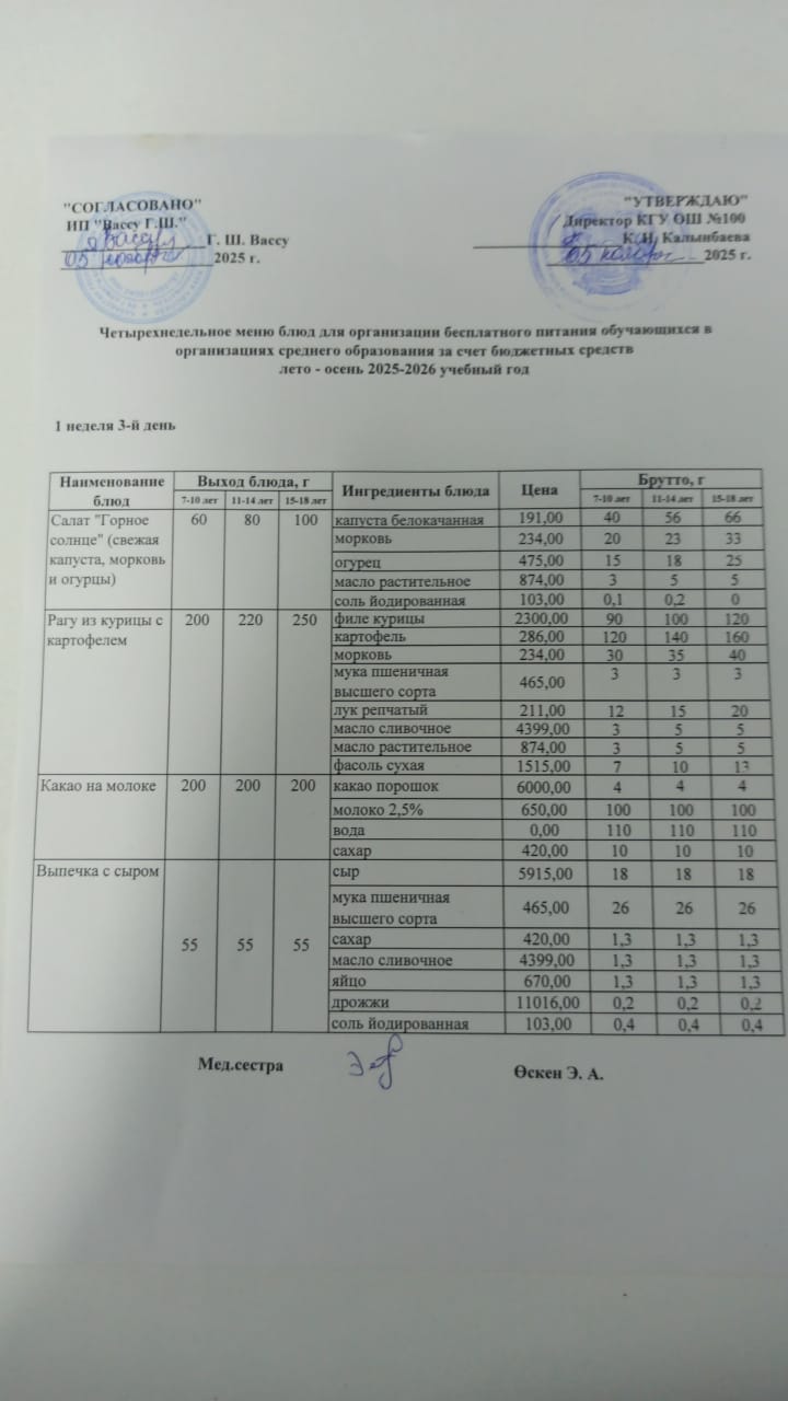 Ас мәзірі  1 апта 3-ші күн