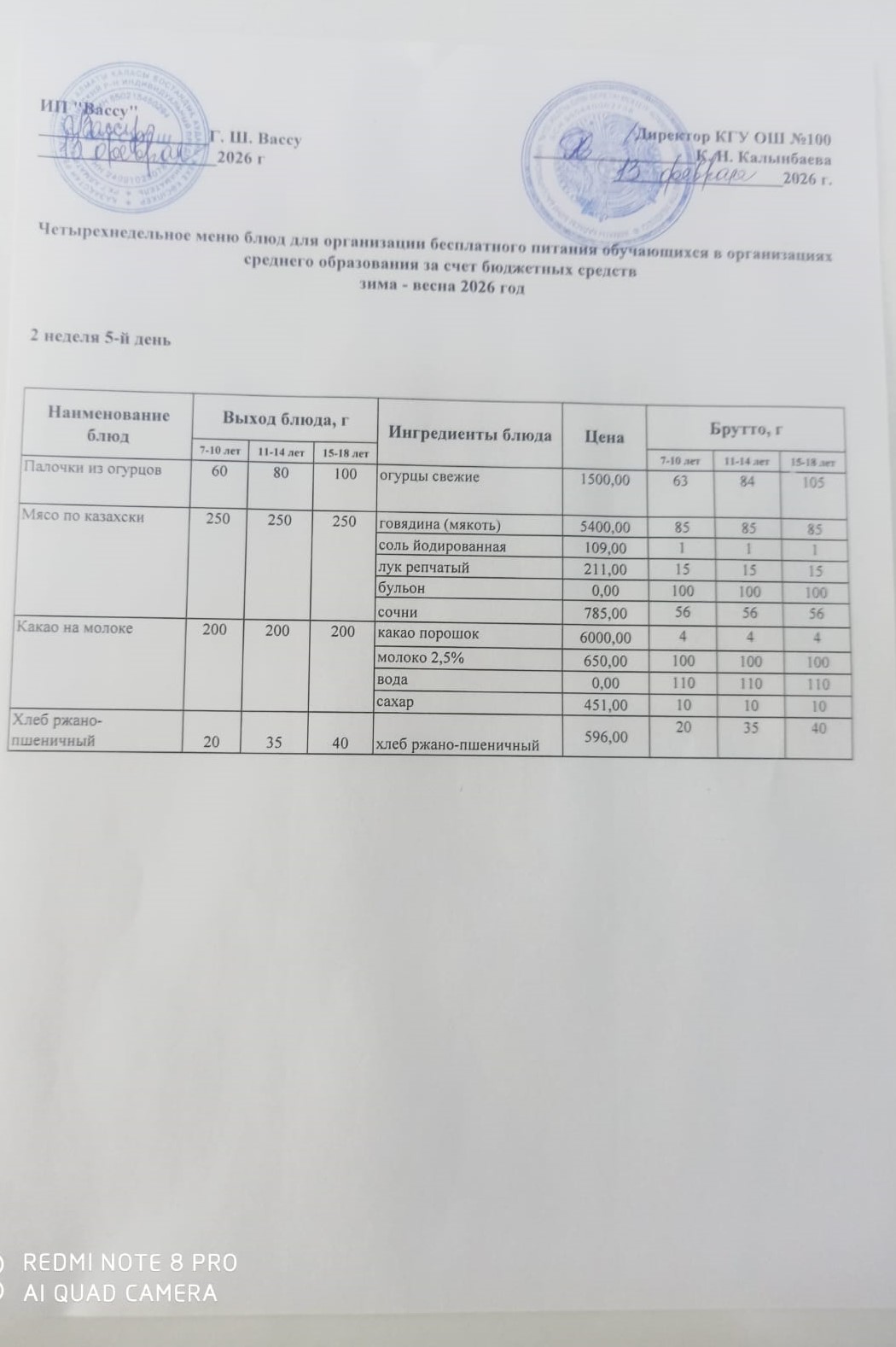 Ас мәзірі 2 апта 5-ші күн